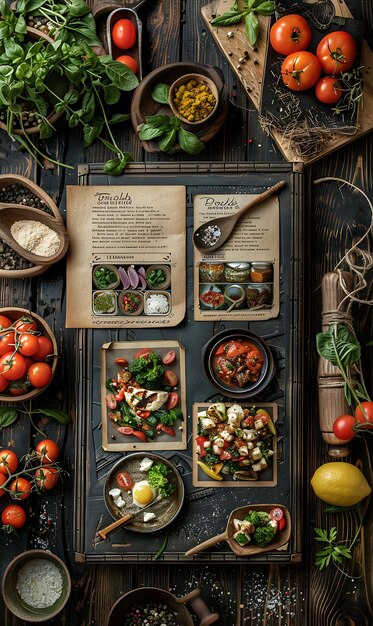 stół z daniami i rozłożonymi przepisami